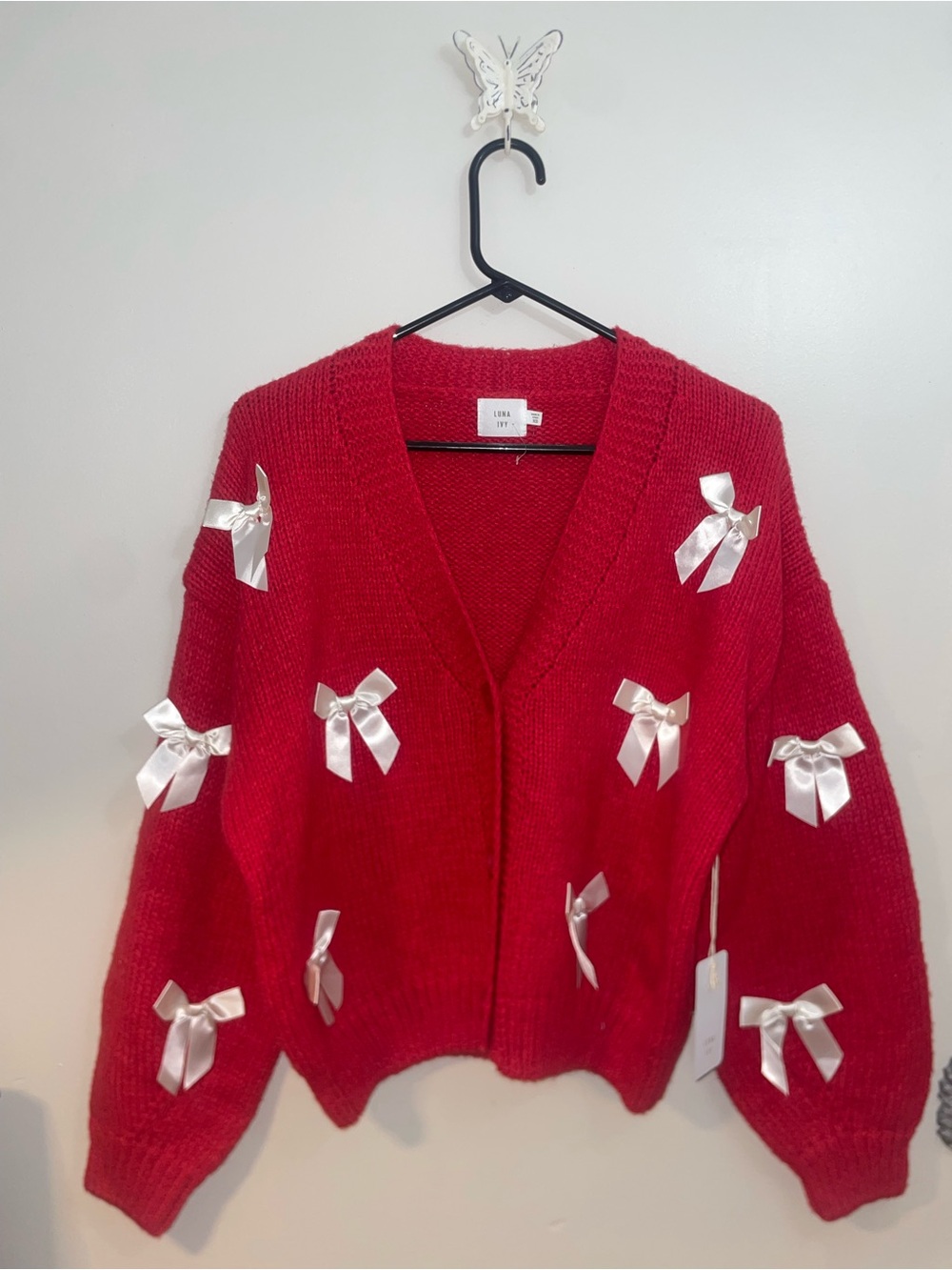 Luna & Ivy XS Red Cardigan White Bows
